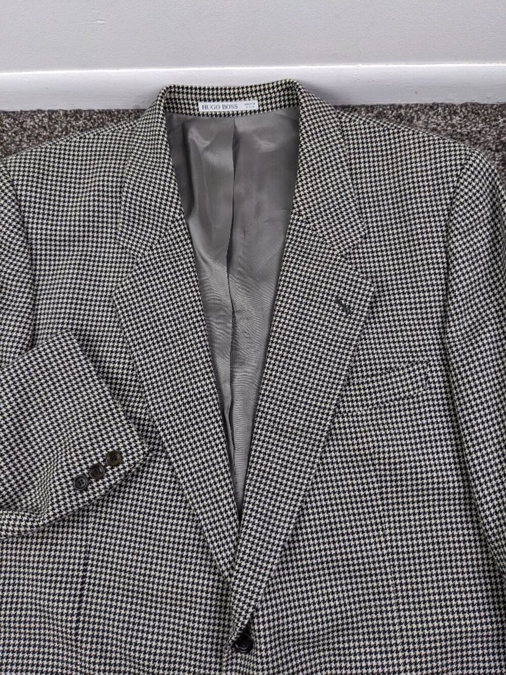 Vintage Hugo Boss Sport Coat Corleone Flannel Wool Houndstooth Checked Black 48R
